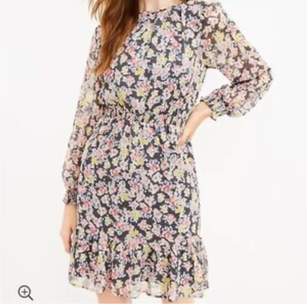 NWT LOFT Wildflower Multicolor Gold Shimmer Puff Sleeve Flare Dress Sz SP